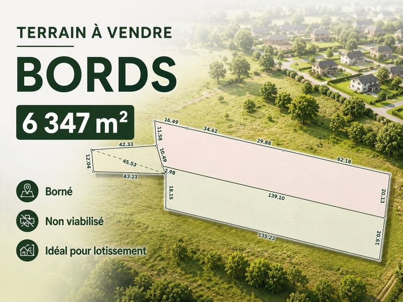 Terrain 6 347 m² à Bords – borné – idéal lotissement