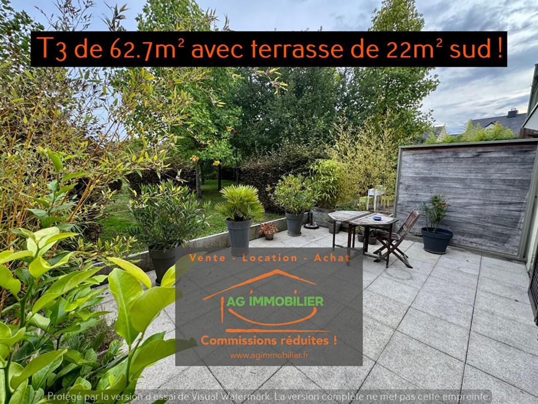 Pacé, rare, T3 de 62.7 m2 en rez-de-jardin avec terrasse de 22m