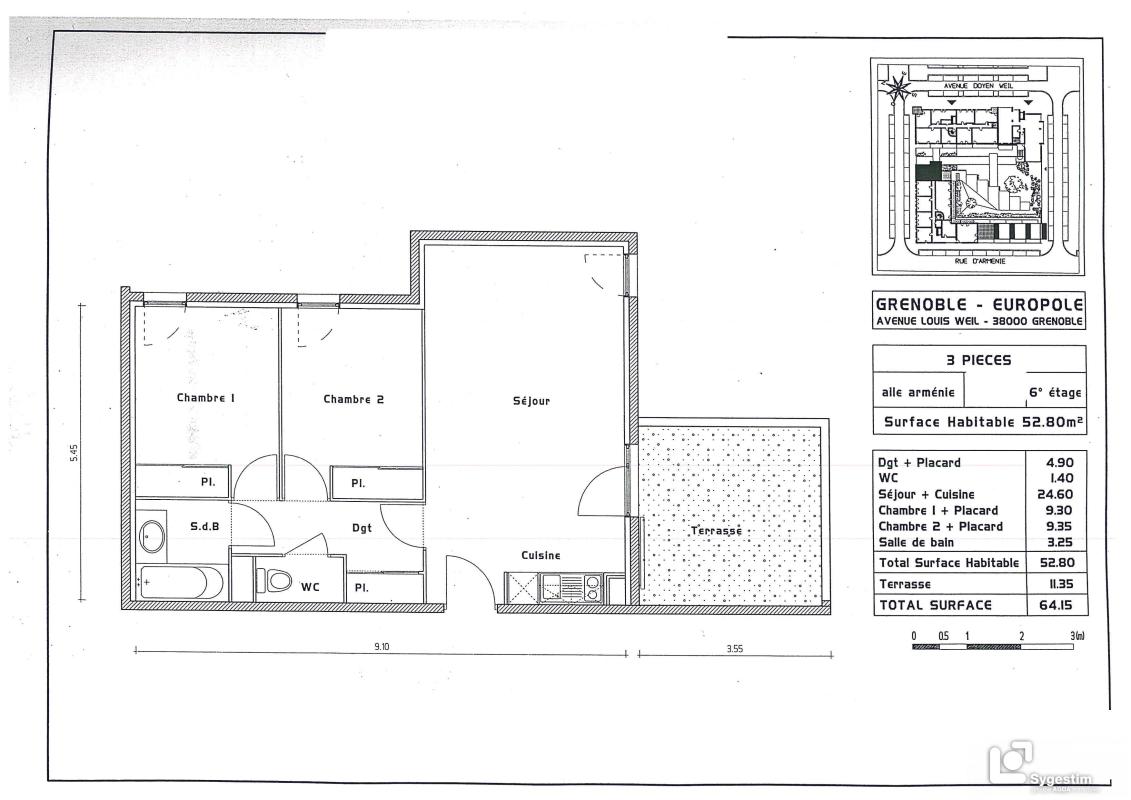 Appartement 3 pièces (52.38 m²) à vendre - Grenoble (38000)