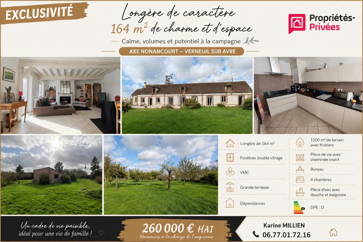 DAMPIERRE SUR AVRE 28350 Maison individuelle de style longère rénovée - Plain-pied - 4 chambres - Dépendances - Terrain - 260 000 HAI