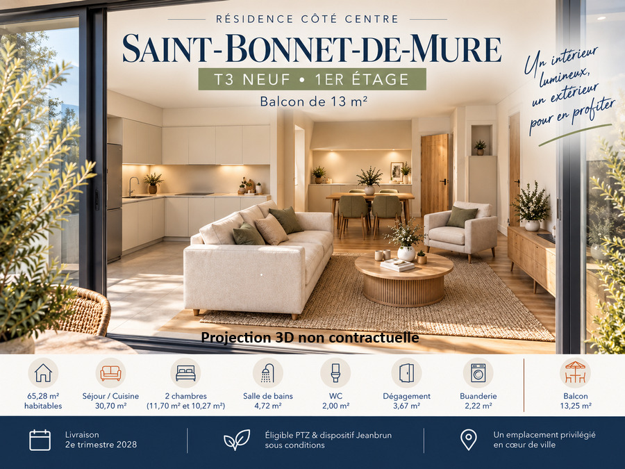 Saint-Bonnet-de-Mure – T3 neuf de 65 m² avec balcon de 13 m²