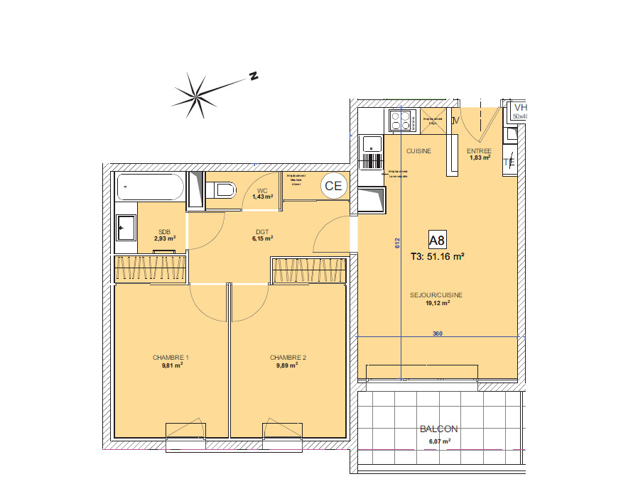 À vendre 13002 T3 Terrasse 2 chambres, 3 pièces, 51 m² à Marseille 2e