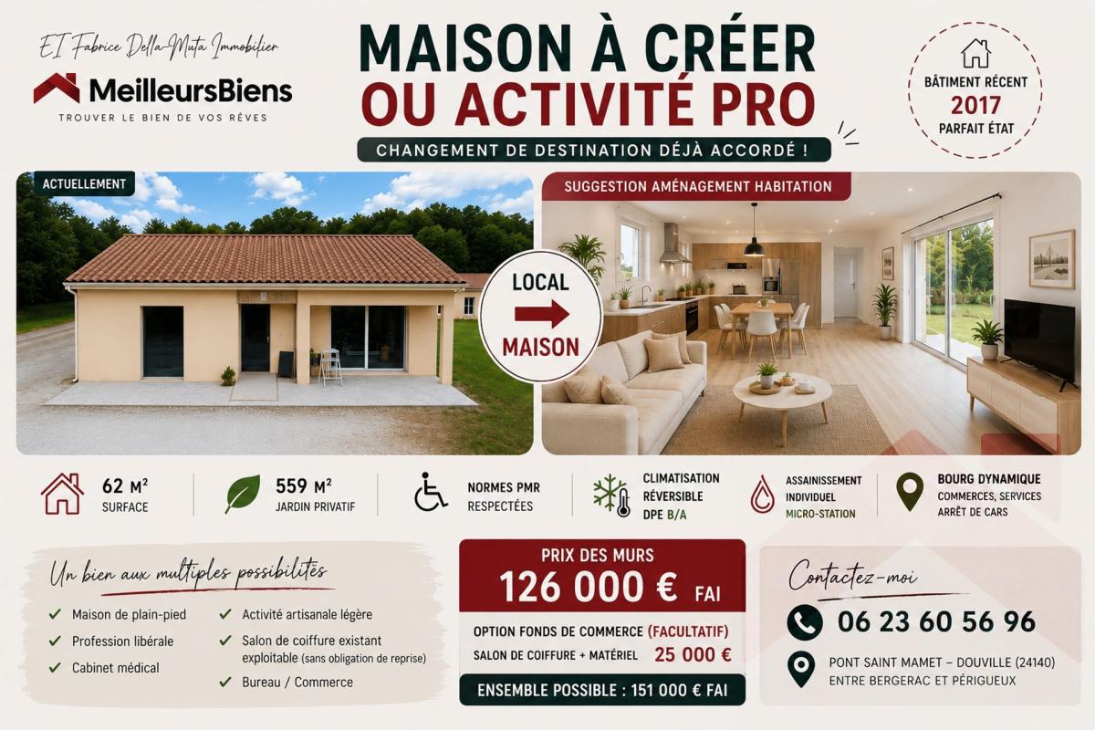 Maison et/ou local professionnel – Construction récente avec jardin – Douville
